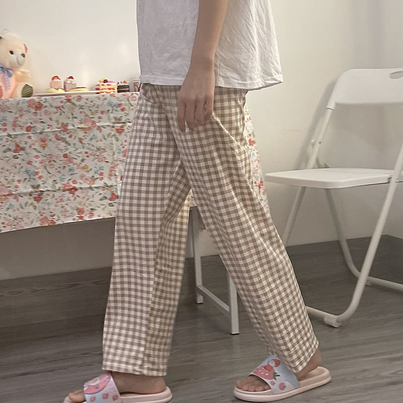 Pantalones de dormir a cuadros para mujer, ropa de dormir de estilo coreano, prendas de vestir holgadas y transpirables, para el día a día