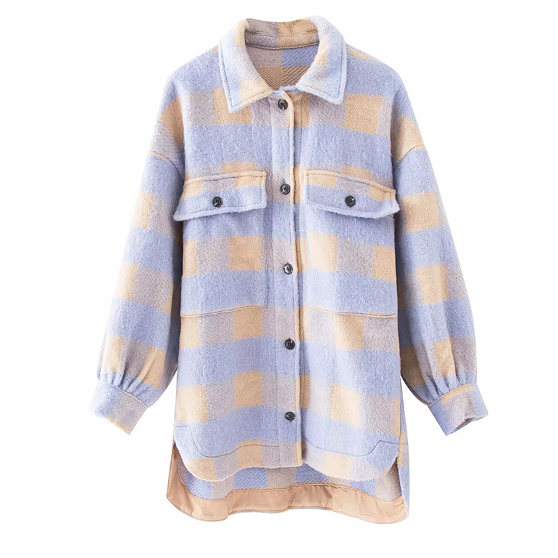 Kvinder lilla plaid uldskjorter dame oversize lang skjorte vintage kvinde stilfulde tykke bluser piger chic: S