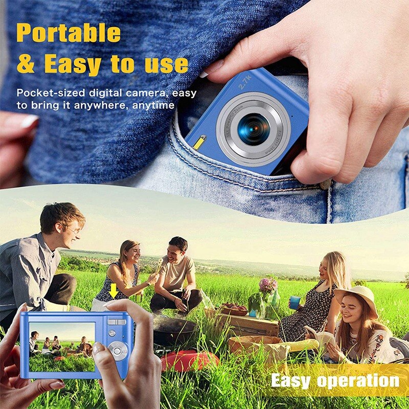 Fotocamera digitale 2.7K HD 44MP telecamera v(con Zoom digitale 16X, fotocamera tascabile compatta con luce di riempimento per adolescenti, blu