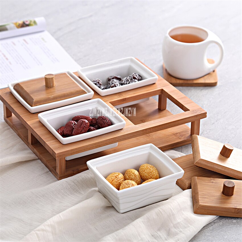 TY6525 Compartment Storage Box Dried Fruit Plate Living Room Tables Ceramic Nuts Boxes Home Food Storage Tanks With Wood Cover