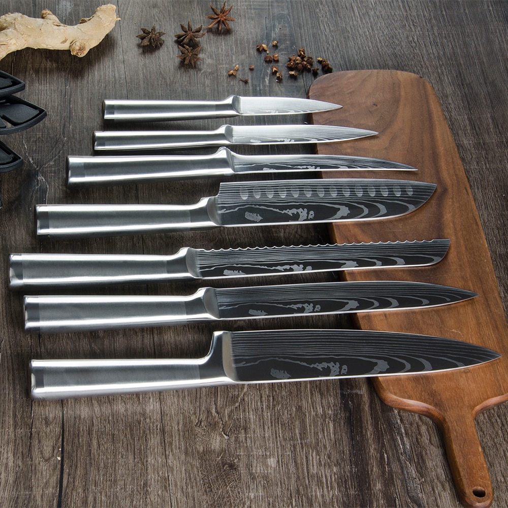 Xyj köksknivar set 7 cr 17 knivar i rostfritt stål fruktverktyg santoku kock skiva bröd matlagningskniv knivöverdrag