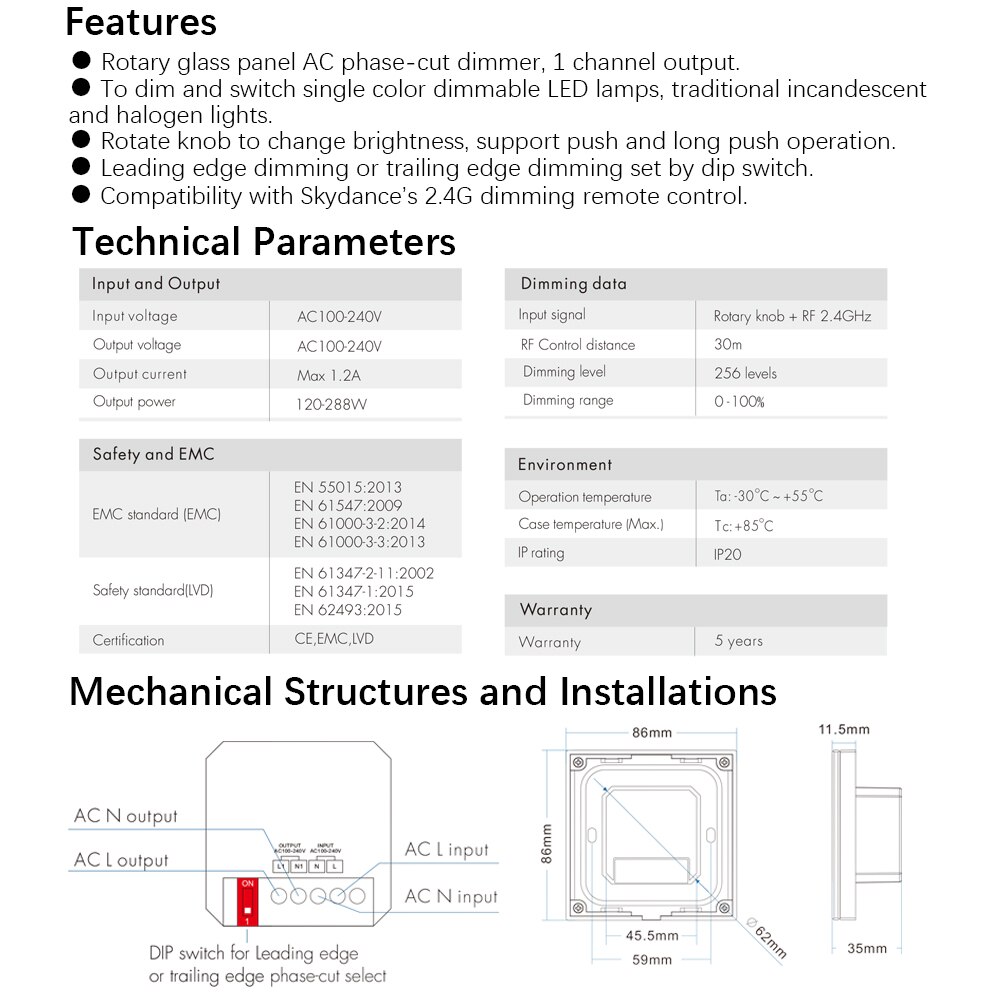 AC Triac LED Dimmer 220V 230V 110V Wireless RF Dimmable Knob Switch With 2.4G Remote Controller for Single Color LED Bulb Lamps