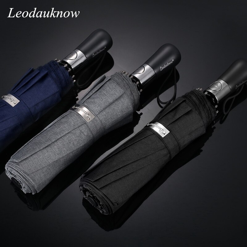 Leodaukonw tre folde fuldautomatisk paraply vindtæt business mærke 1.2 meter enkelhed herre solrig og regnfuld paraply