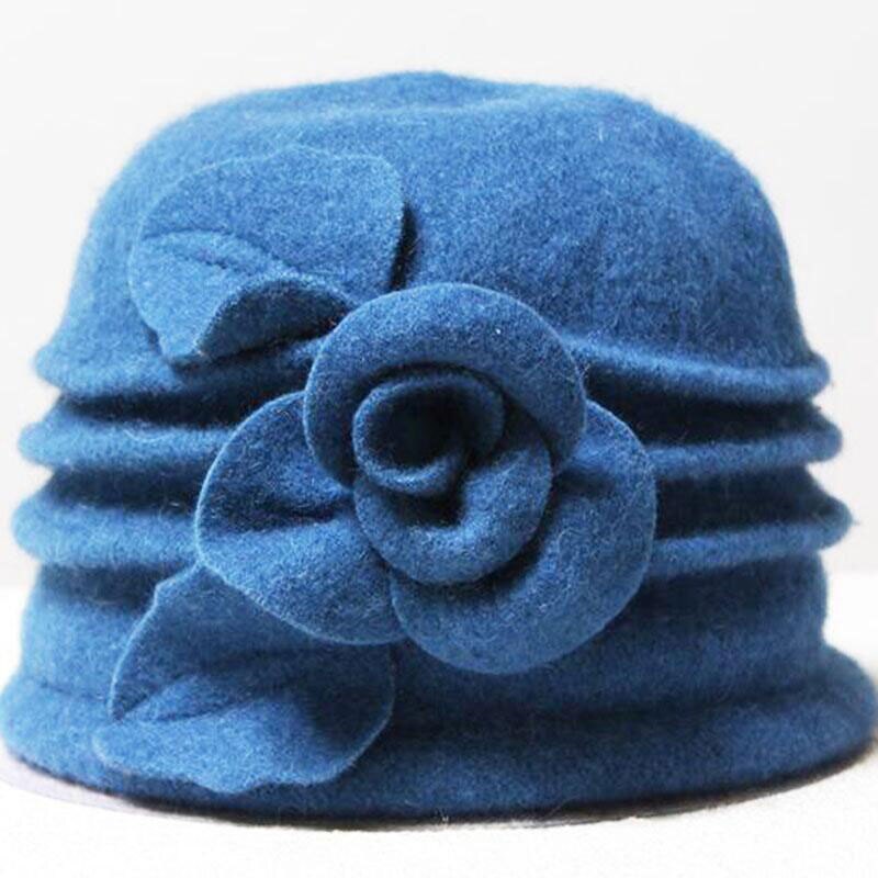 Chapeau melon cloche pour femme, 100%  chapeaux derby en feutre de laine avec fleur, bleu, rouge, kaki, gris, noir, rose: Bleu