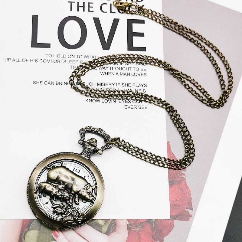 Top Brand Chinese Zodiac Pig Quartz Pocket Watch Necklace Pendant Carving Back for Women Men CF1085