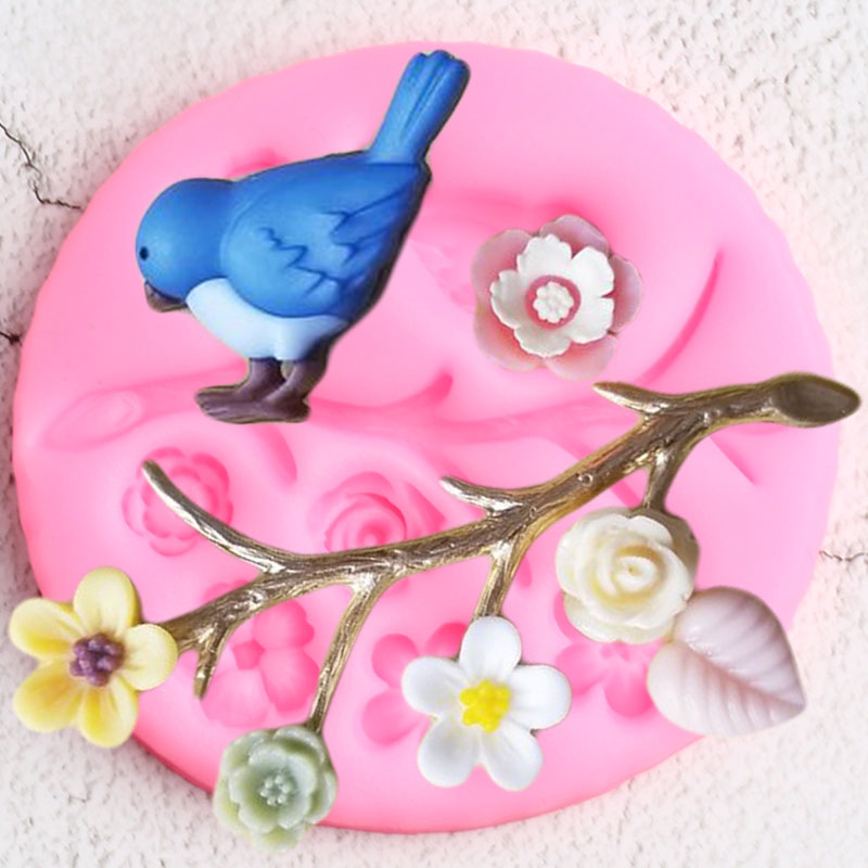 Gren blad blomma fåglar kant silikonformar baby födelsedag fondant tårta dekorationsverktyg smycken lera godis choklad formar
