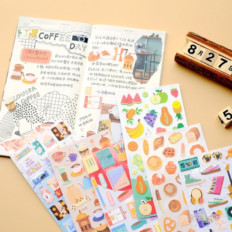 Scrapbooking Journal Stickers for Diary Photo Album Decoration Coffee Bread Fruit Sticker Aesthetic DIY Hobby Craft Supplies