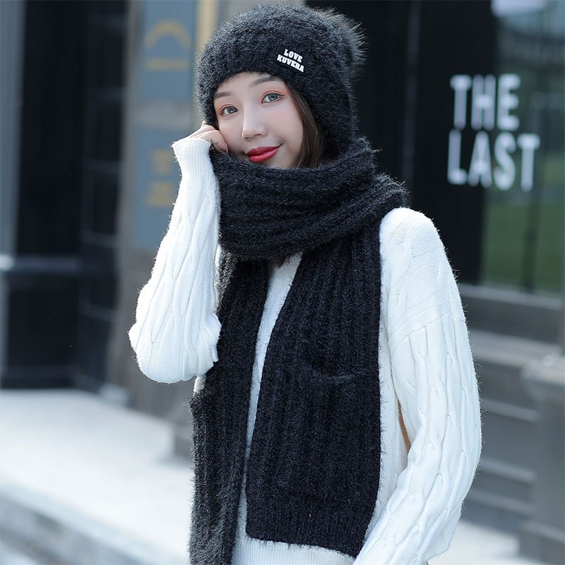 Otoño Invierno sombreros de mujer sombreros de de bufanda tejida dos piezas mujeres Gorros Casual Cap Scarf Chapeu Feminino Bonet: black