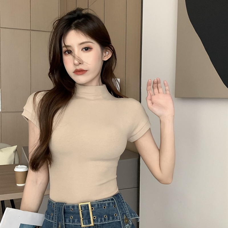 Koreansk basic crop top dam kortärmad rund hals skinny t-shirt sommar t-shirt för kvinnor vintage topp harajuku  y2k streetwear: M / Kaki