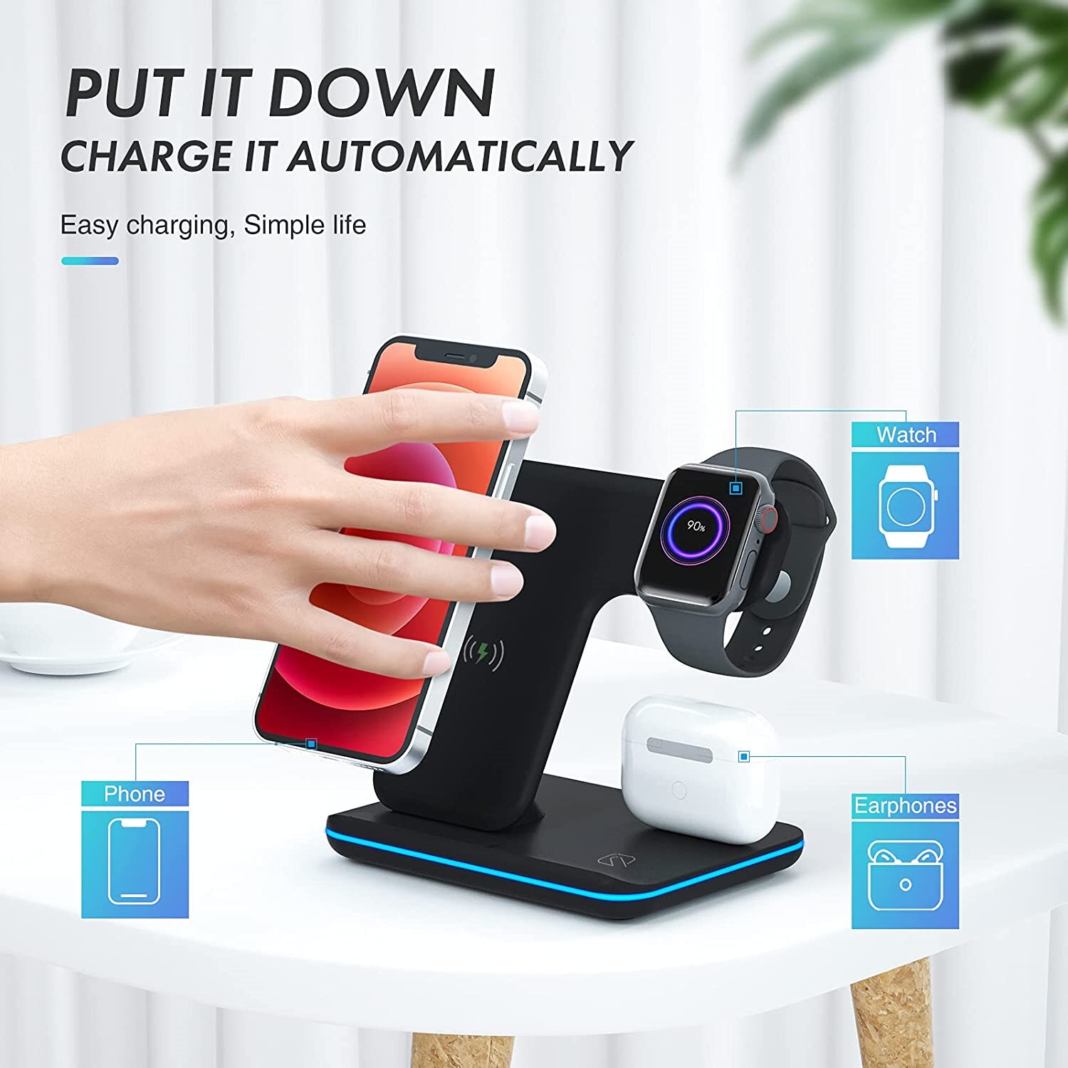 DCAE Qi Fast Wireless Charger Stand 3 in 1 Charging Station 15W Pad Dock for Apple Watch 7 AirPods Pro iPhone 13 12 11 XS XR X 8