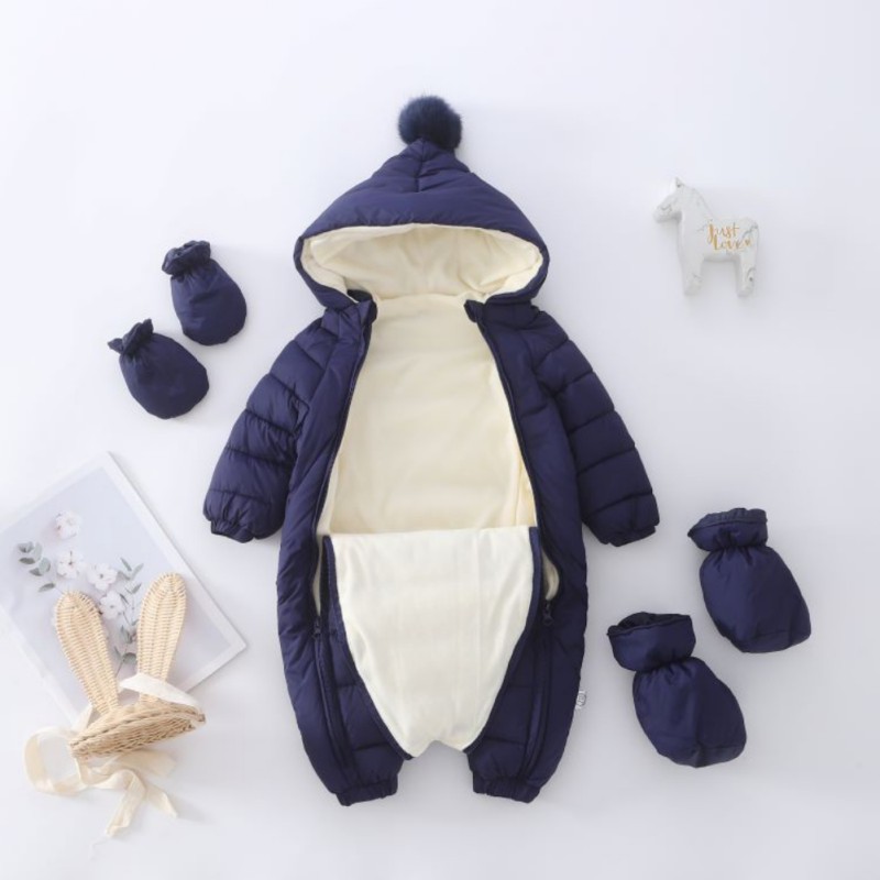 Baywell Winter Baby Girls Boys Snowsuit Infant Zipper One-Pieces Pompom Hooded Romper Footies+Gloves+Shoes 0-24M
