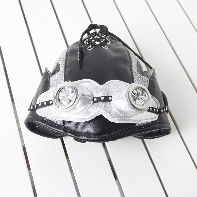 Hund pilot svart hatt retro gå ut örat silver hund hatt fransk bulldog klänning: Svart