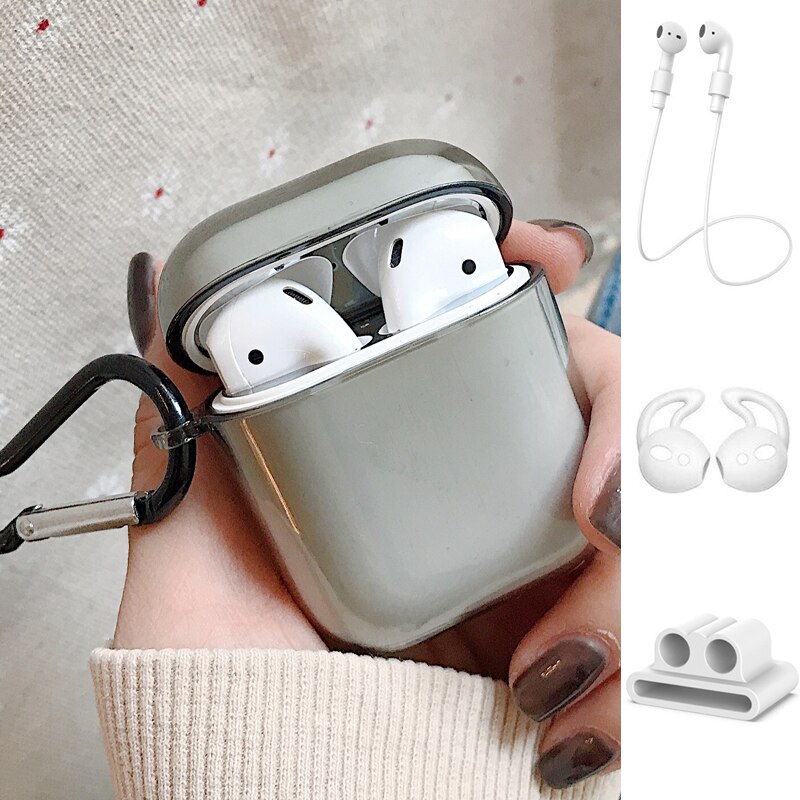 2/5PSC clear case for airpods case cute protective cover for airpods 2 with earplug Anti-lost rope sport case for airpods 2 case: Set B Gray