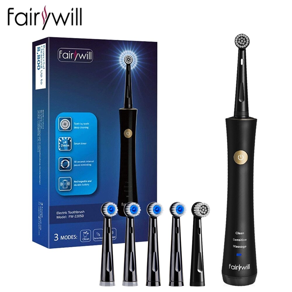 Fairywill Sonic Electric Toothbrush FW2205 USB Charge Rechargeable Replacement Heads Waterproof Smart Timer Whitening for Adult: 2205Black-FW31