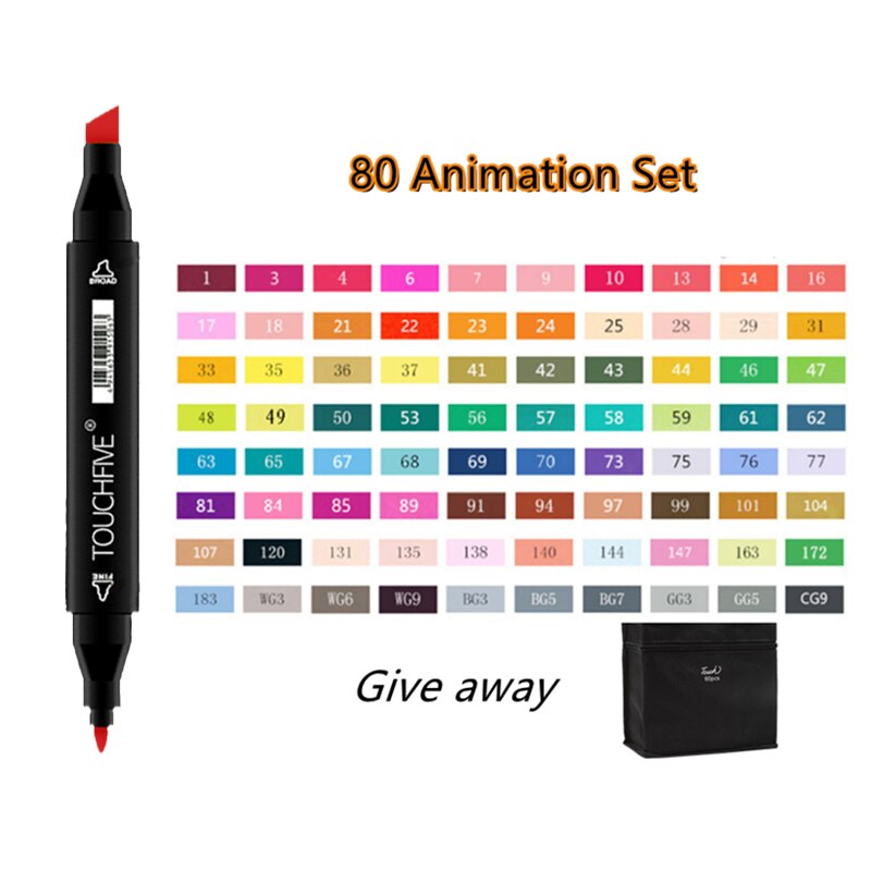 TOUCHFIVE-rotuladores de doble punta para dibujo, marcadores gráficos de Alcohol para bocetos, suministros de arte, 12, 36, 48, 80 y 168 colores: 80Colors Anime set