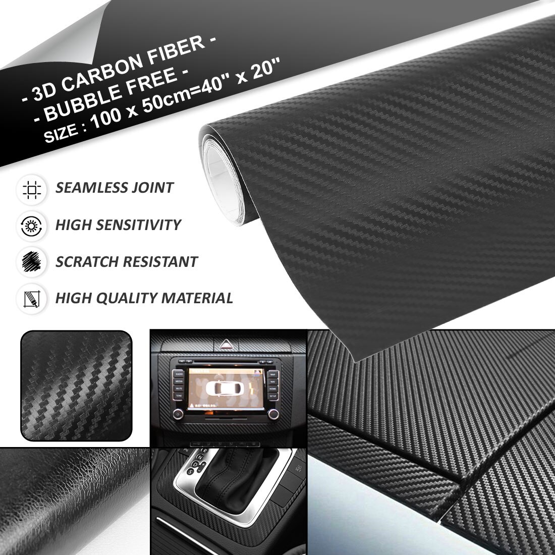 Uxcell 3D 4D 5D 6D de fibra de carbono burbuja de estirable coche película de vinilo adhesivo 152x60 cm/100 cm x 50 cm/152 cm x 30 cm/300x50 cm