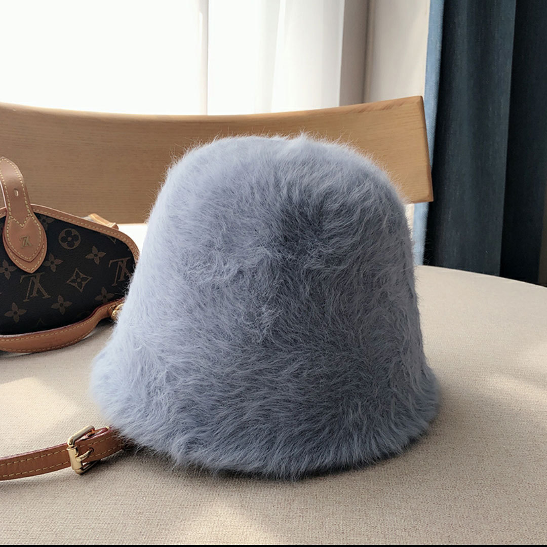 Sombrero de pelo de conejo para mujer, sombrero de pescador de felpa del Joker, versión coreana, muestra la cara, sombrero de cubo pequeño, sombrero de lavabo de día cálido: Sky Blue