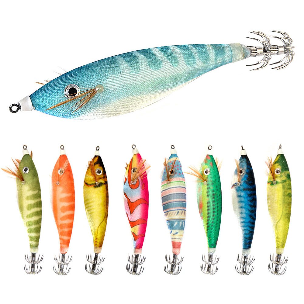 Fiske drag bläckfisk krok 9cm 16g självlysande wobblers jigging ocean bläckfisk bläckfisk trä räkor hårda beten 3d ögon jiggar