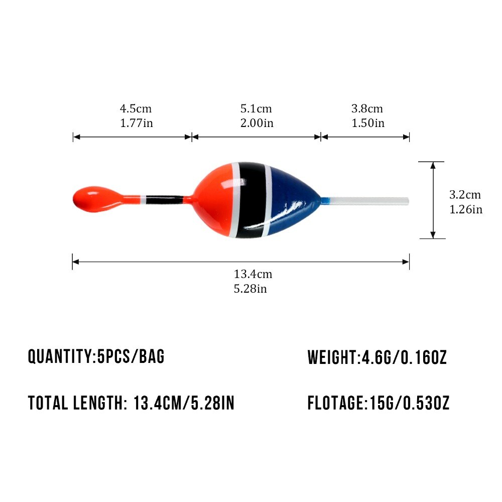5pcs/lot Slip Float Bobbers 15g 2in Balsa Wood Fishing Slip Float 5 colors Slip Bobber Rigs