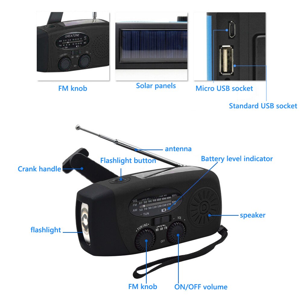 Multifunctionele Hand Radio Solar Crank Dynamo Powered Am/Fm/Noaa Weather Radio Gebruik Emergency Led Zaklamp Power Bank 1000mA