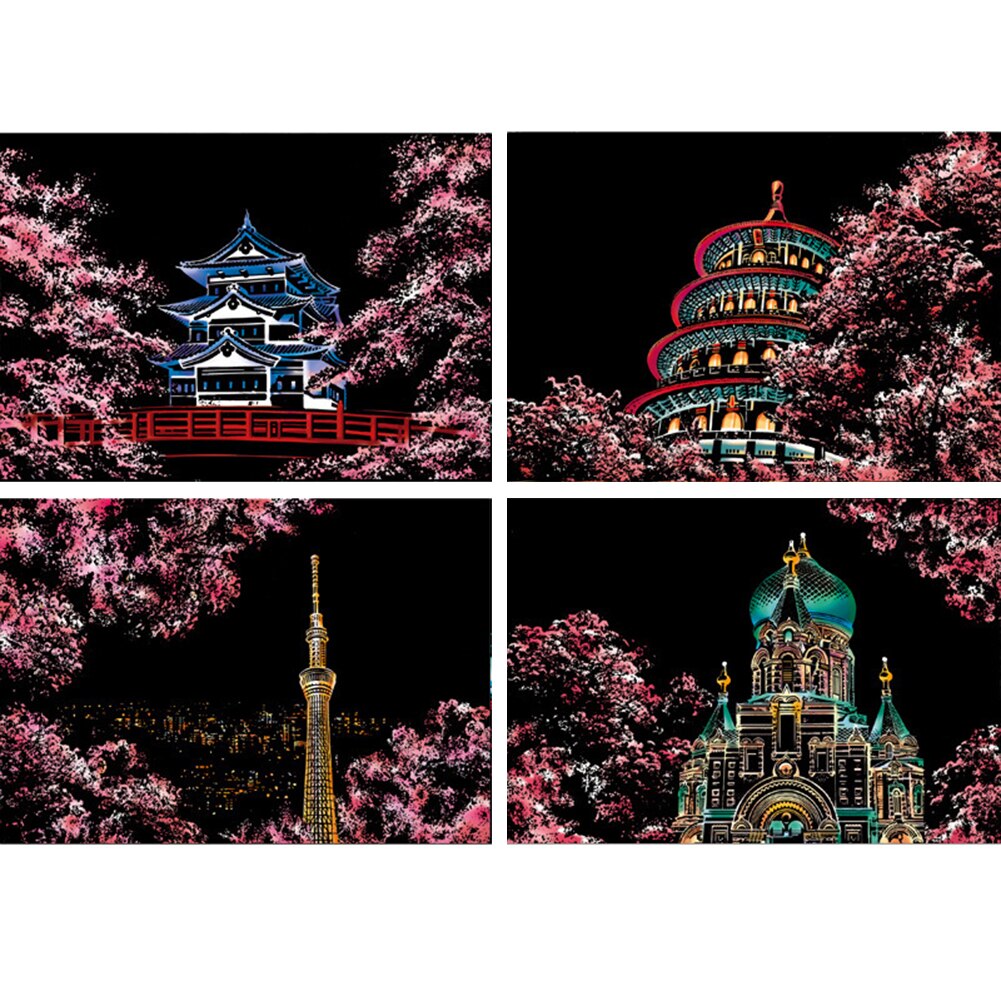 1Set 4pcs Scraping Painting Diy Scratch Art Paper Painting Paper Scraping Suit Children Hand Painted Tabletop Ornament Souvenir