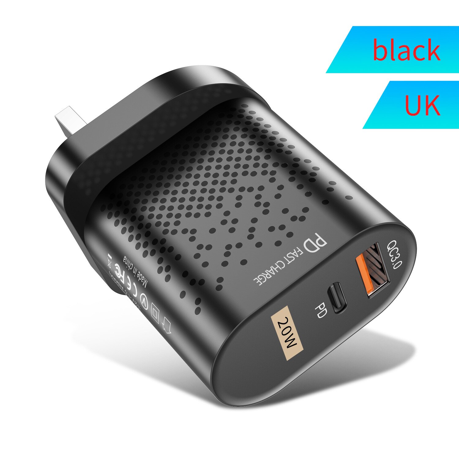 UTHAI QC3.0 carica rapida PD caricatore 20W per Apple Android USB-A + tipo-c a doppia porta testa di ricarica per Iphone 13 12: UK-Black