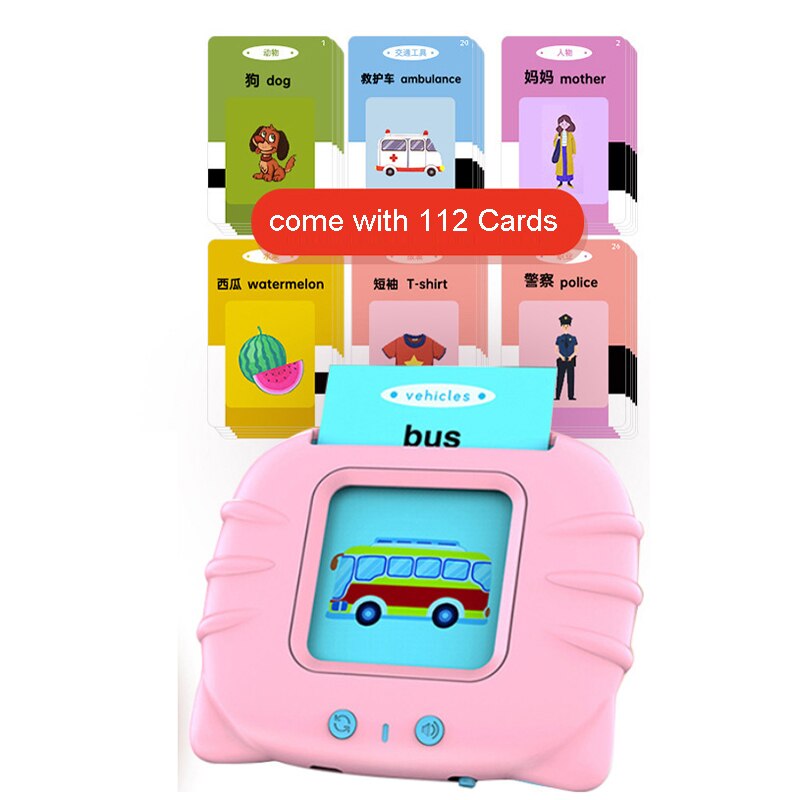 Portable Chinese-English Bilingual Learning Baby Early Education Machine with Sound 112pcs Cognitive Cards Educational Toys: Pink English Chinese