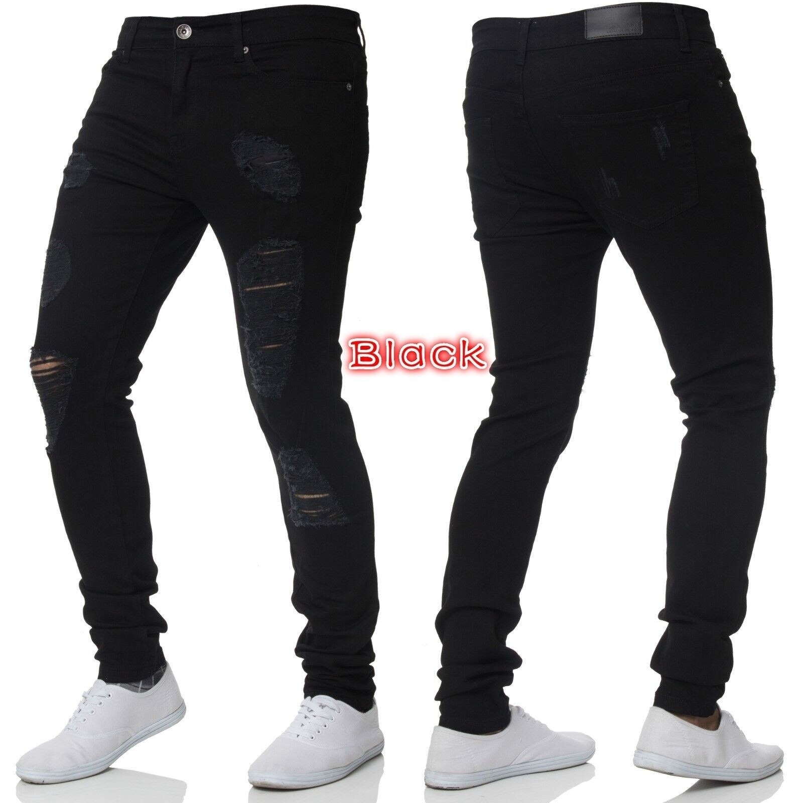 Herr casual skinny jeans byxor herr solida svarta slitna jeans herr slitna tiggarjeans med knähål för ungdomsmän: Svart / Xxl
