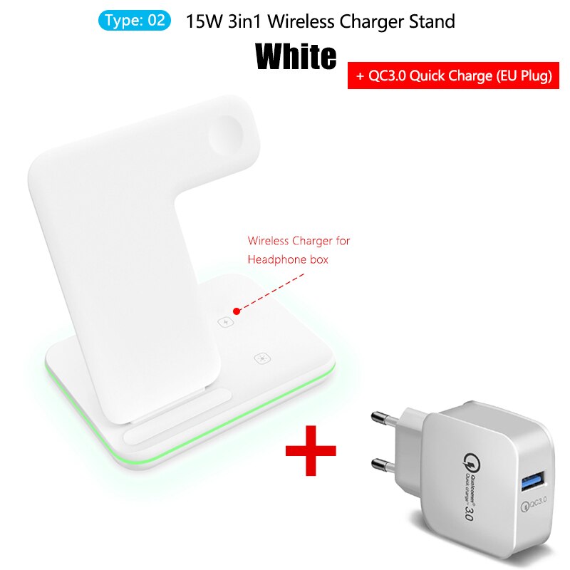 15w 3in1 qi carregador sem fio suporte para iphone 11 xs xr x 8 estação doca de carga rápida sem fio para apple watch 5 4 3 airpods pro 2: Z5A White and QC3.0