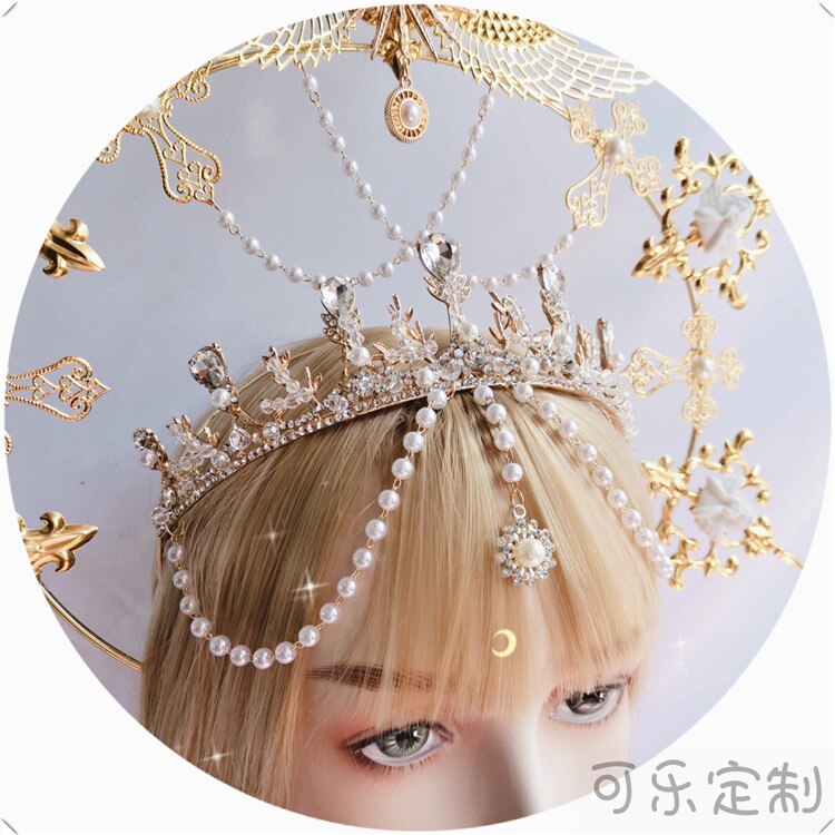 Gothique Lolita KC gothique or Halo ailes d'ange soleil marraine vierge marie déesse casque perle chaîne mariée cheveux accessoires: Crown