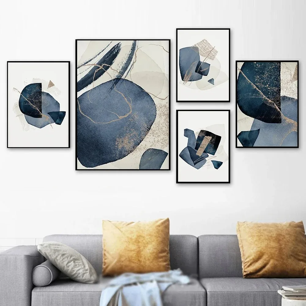 Póster geométrico de acuarela, cuadro sobre lienzo para pared abstracto azul marino nórdico, cuadro impreso moderno para oficina, decoración del hogar y habitación