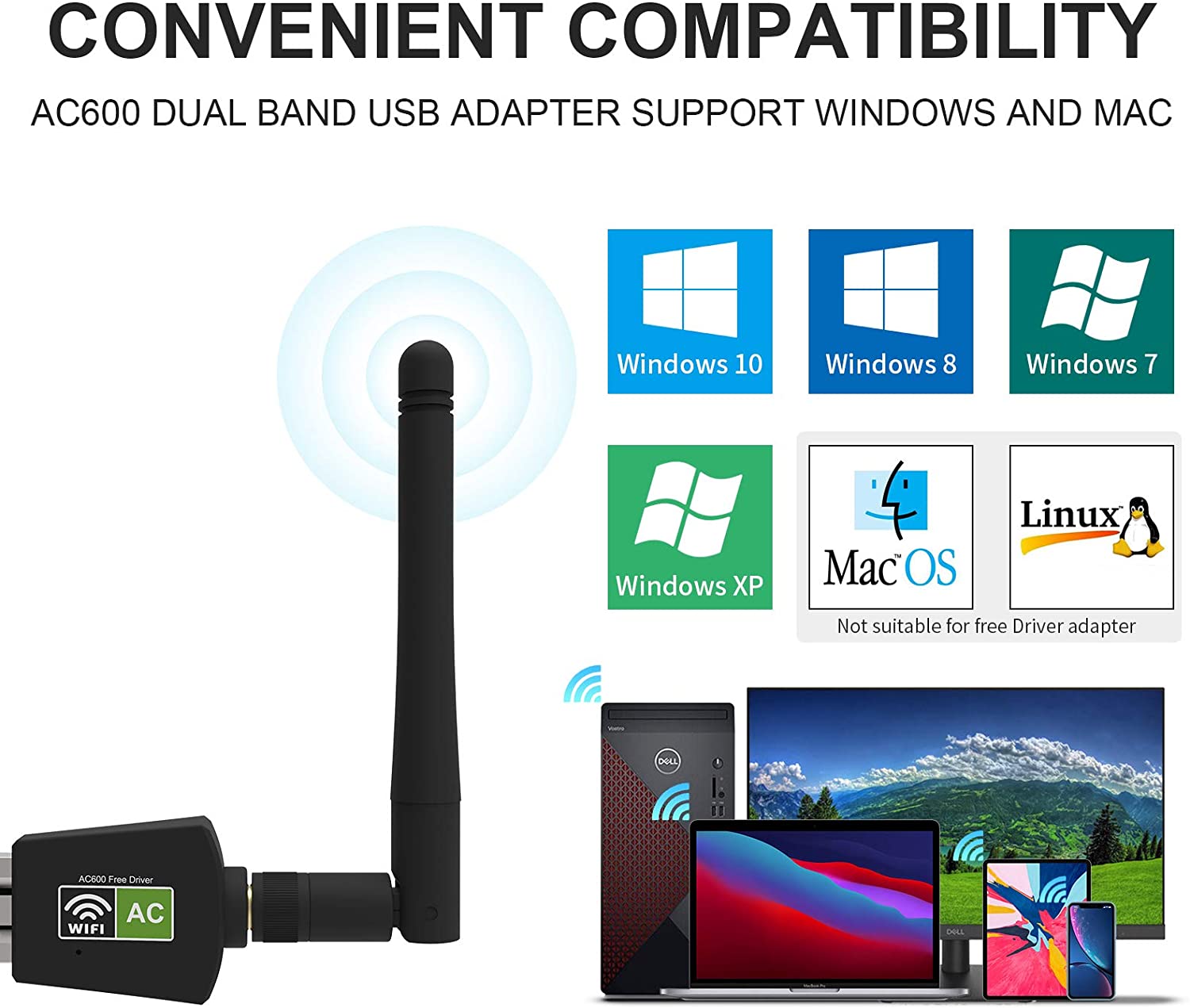 AC600 Usb Wifi Adapter Voor Pc Draadloze Netwerk Dual Band 2.4Ghz/5.8Ghz Hoge Antenne Voor Laptop Desktop windows 10/8/7/Xp/Vista