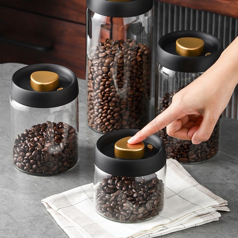 Botella de vidrio para almacenamiento de refrigerador, contenedor de granos de café y alimentos, prensa de aire, tarro de vidrio al vacío