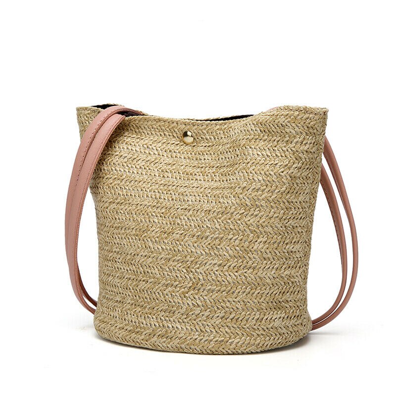Sac à main tissé en paille pour femmes, sac bohème en rotin avec osier, sac à bandoulière de plage, , décontracté: Rose