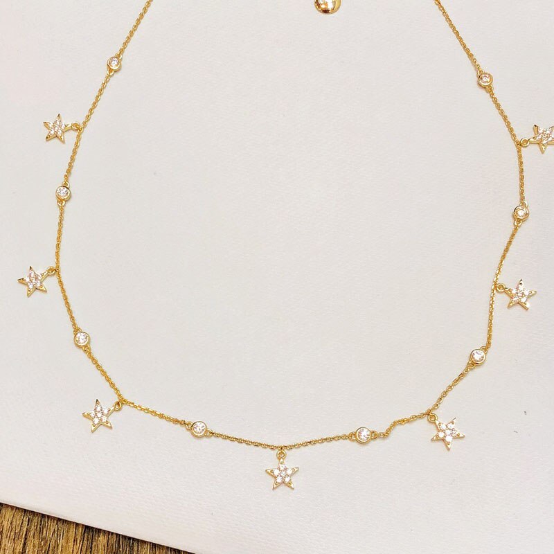 SLJELY Brand Real S925 Sterling Silver Yellow Gold Color Stars Necklace Micro Cubic Zirconia Women Party Jewelry