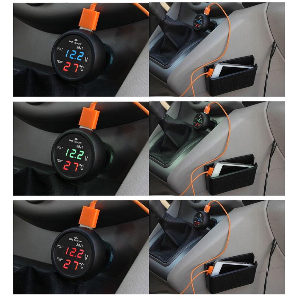 VODOOL 3 in 1 12/24V Car Auto LED Digital Voltmeter Gauge Thermometer Monitor Display USB Charging Charger For Phone Tablet GPS
