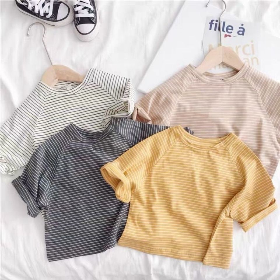 T-shirt rayé à manches courtes pour garçons et filles, haut à cinq points, ample, version coréenne, été , P4330
