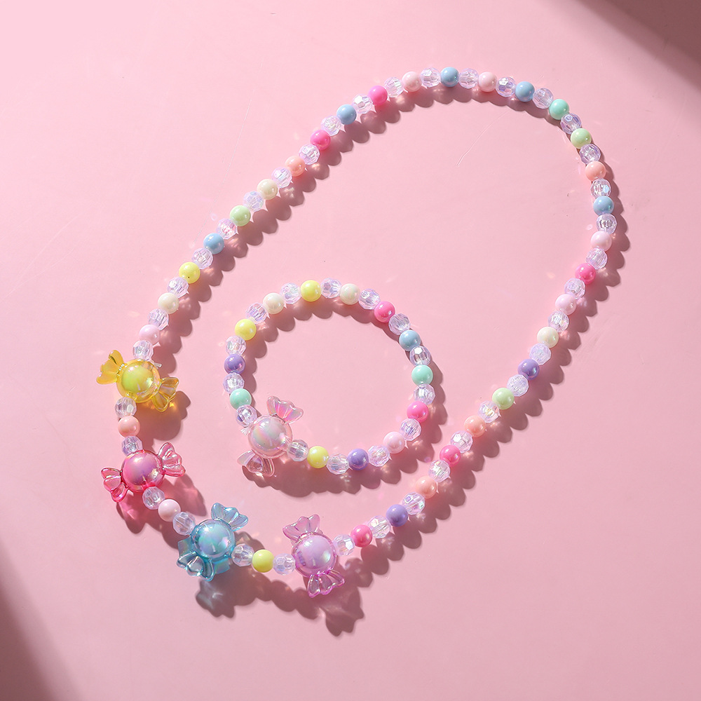 Conjunto de pulsera y collar dulce para niños, collar con cuentas coloridas de caramelo para niñas, joyería DIY al por mayor: Rosa