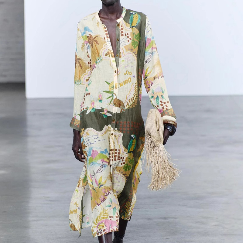 Mønstret print cardigan toppe sommer afslappet langærmet bluse streetwear forår kvinder o-hals løs lang skjorte