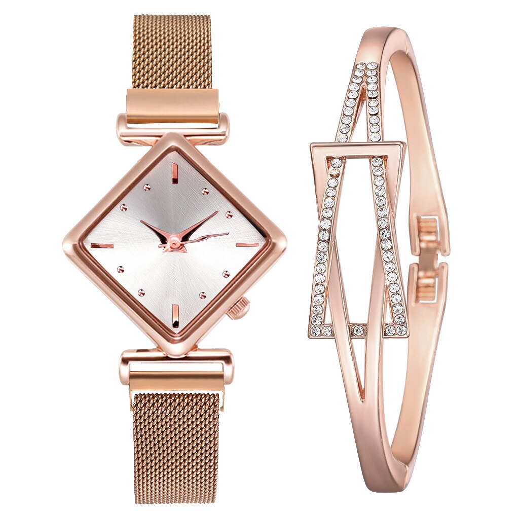 Conjunto de relojes de pulsera magnéticos para mujer, pulsera cuadrada de lujo de cuarzo, reloj de vestir femenino,: rose gold set