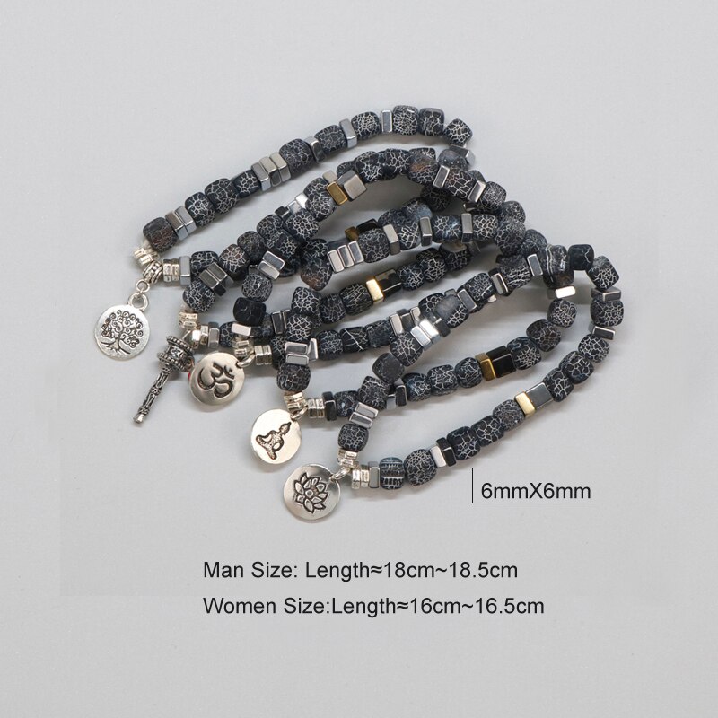 Tibetan Buddha Lotus Bracelet Men Natural Square Weathered Onyx Mala Spiritual Bracelet For Women For Him DX-15