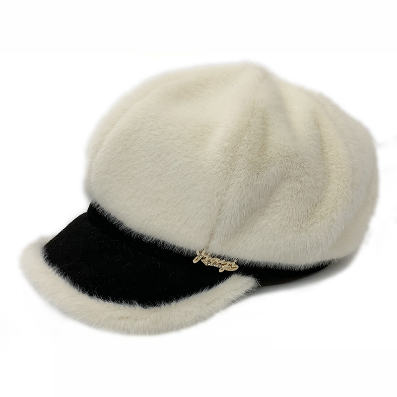 Vinter kvinder imiteret pels hatte varmere ensfarvet plys ottekantede kasketter afslappet udendørs vindtætte varme hatte damer hat kasketter: 05