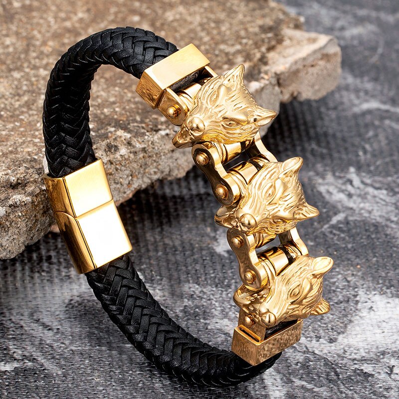 Gold Wolf Head Stainless Steel Men Leather Bracelet Punk Accessories Magnetic Wristband Jewelry Friends