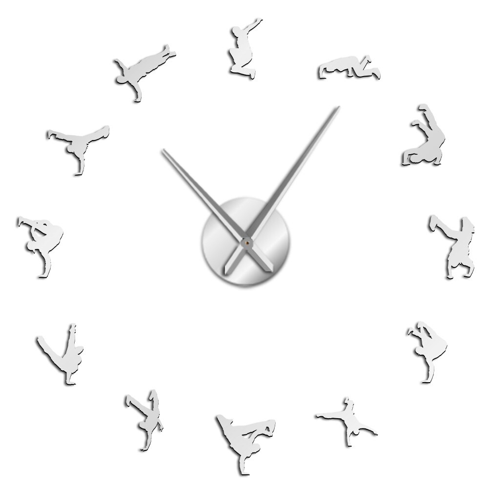 Breakdancing Modern Giant Wall Clock Hip Hop Home Décor Street Dance Wall Watch Acrylic Mirror Stickers Break Dancer Hobby: Silver / 47 inch