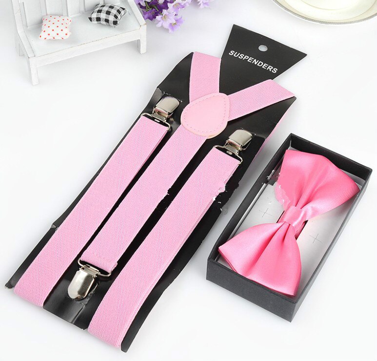 Effen Kleur Man Riem Bowtie Set Mannen Vrouwen Bretels Polyester Y-Back Bretels Twee Kleuren Strikje Verstelbare elastische: Roze