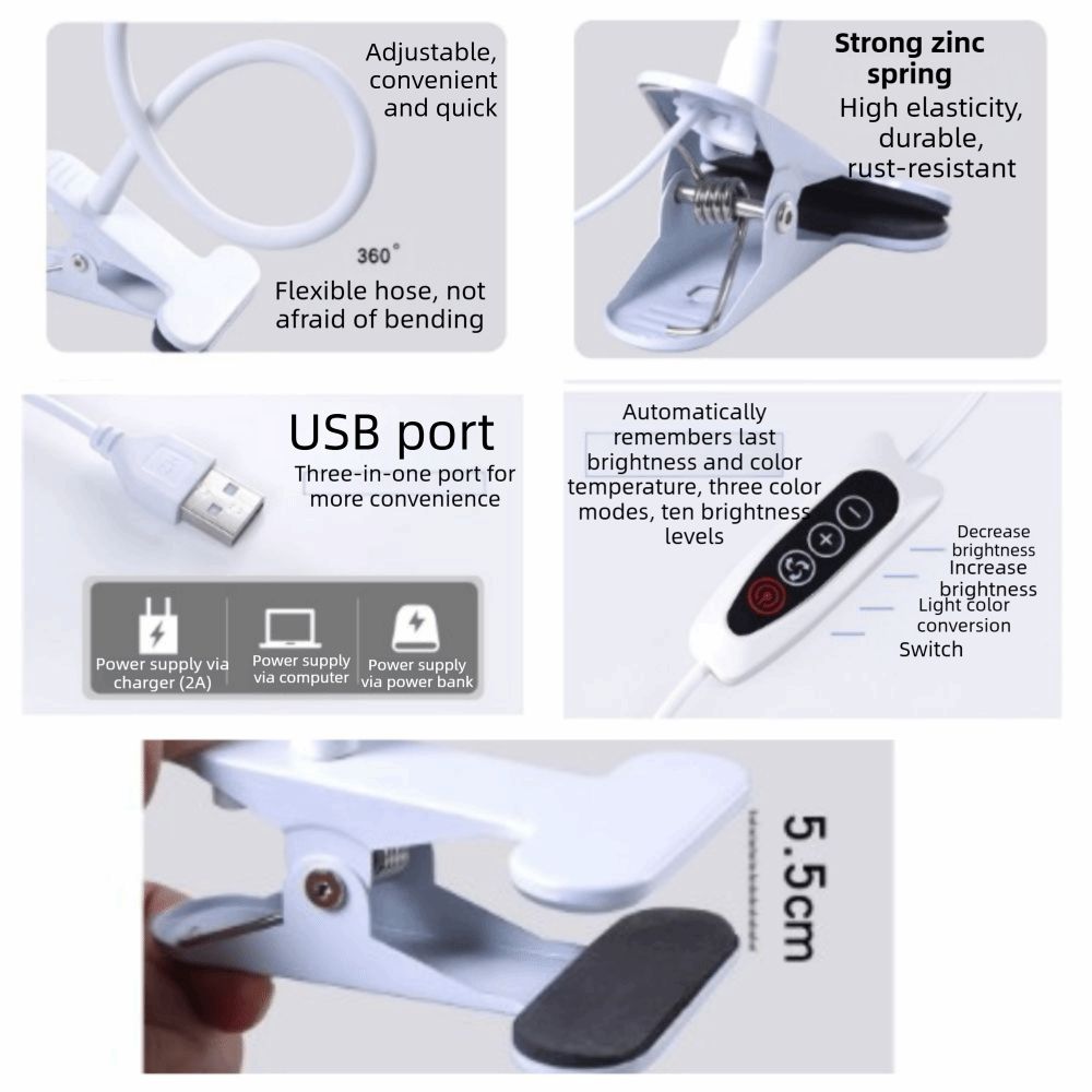 Verstelbare led-bureaulamp met klem, 3 kleuren licht, 10 helderheidsniveaus, leeslamp met klem, usb-voeding, dimbare helderheid.