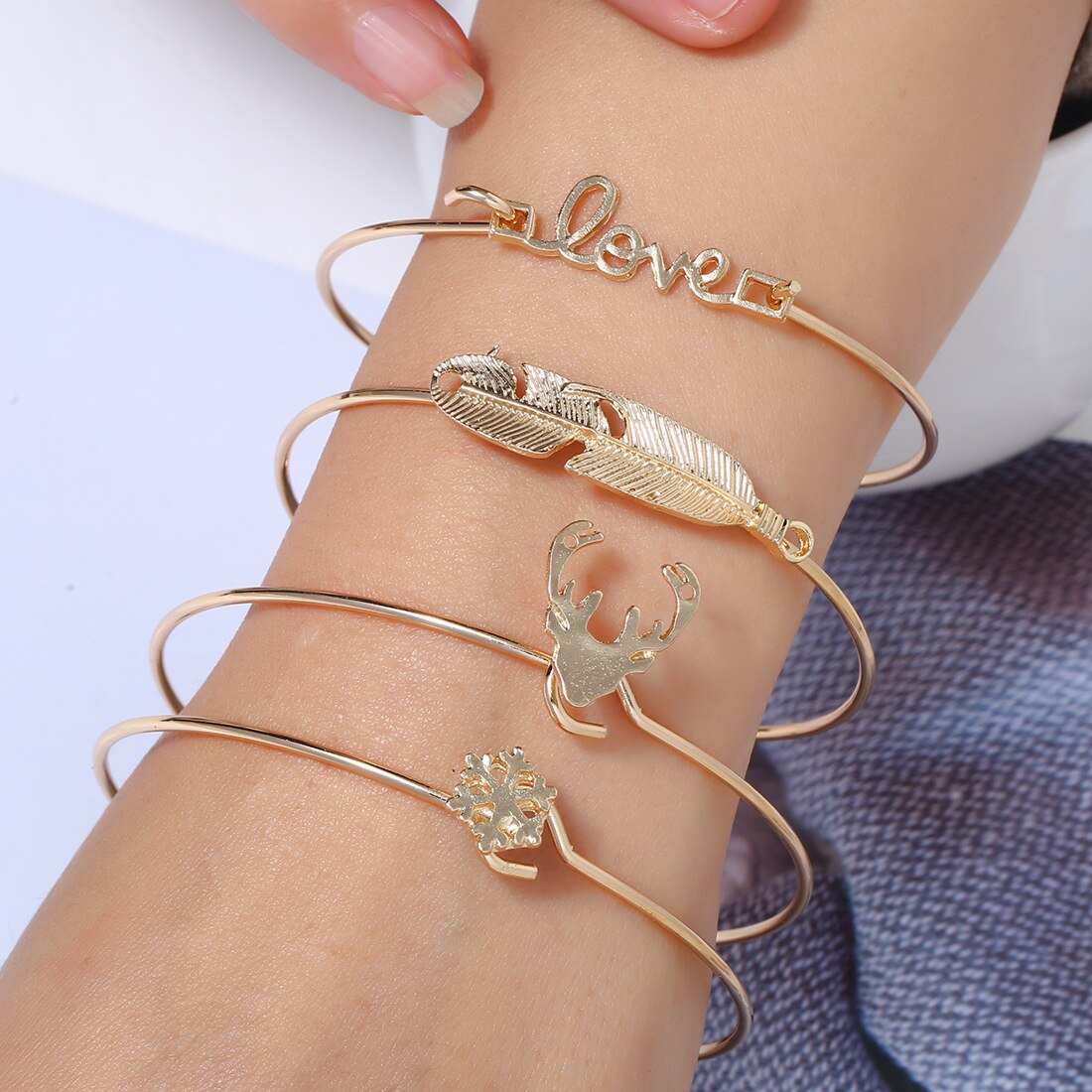 Legering Herten Hoofd Armband Set Voor Vrouwen Femme Bohemian Geometrische Sneeuw Berg Metal Hand Chain Charm Eenvoudige