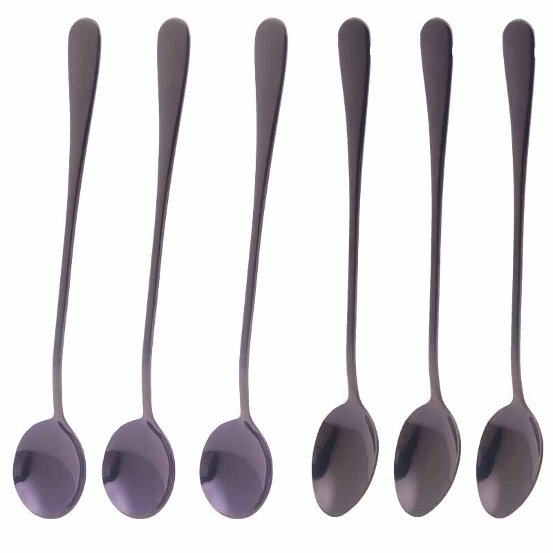 19.5cm Stainless Steel Round Head Spoon Rainbow Coffee Mixing Spoon Set Cold Drink Colorful Dessert Ice Spoon Flatware 6pcs/set: deep purple