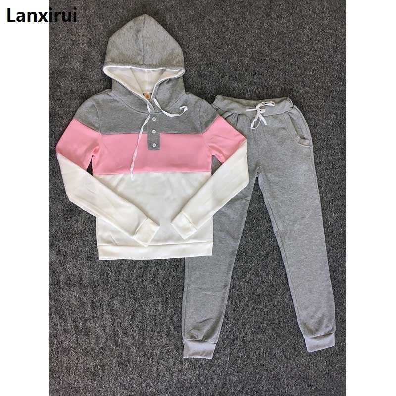 Frauen Zwei Stück Kleidung Set Herbst Trainingsanzug Patchwork Hoodie Sweatshirt Lange Hose Jogger Outfit Set Weibliche Schweiß Anzug