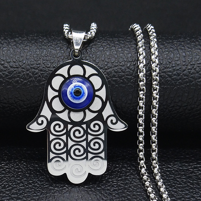 Islam Hamsa-collar de ojo Azul malvado, joyería griega de acero inoxidable, ojo turco, N1258S02: Rodio plateado
